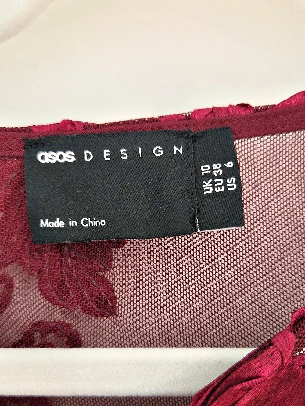 ASOS DESIGN Floral Mesh Long Sleeve Top in Red & Black Size 6 - Picture 3 of 4